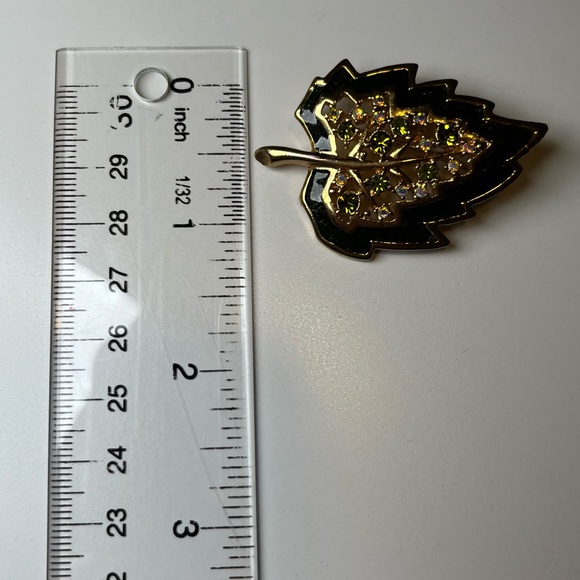 Enamel Gold Tone Leaf with Aurora Borealis and Green Stones Brooch - Picture 4 of 5